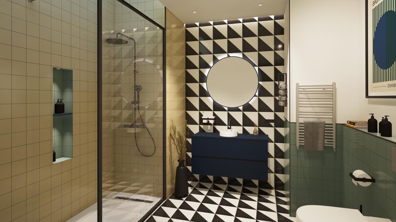 Baños estilo memphis con mosaico y azulejos de Homyplan.